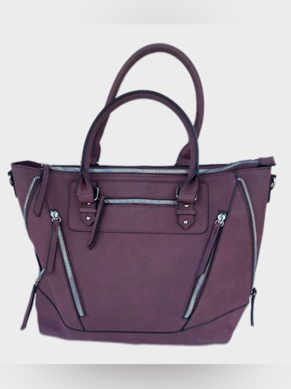 Maurices Burgundy Multi-Zipper Faux Leather Satchel Tote Bag - Picture 1 of 3